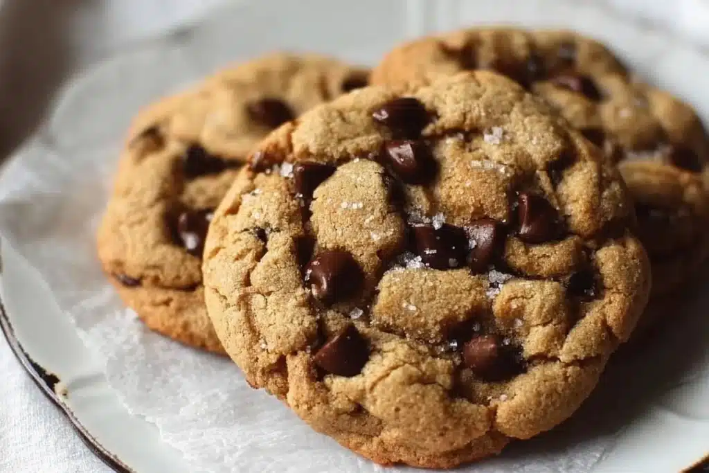 Freshly baked gluten-free chocolate chip cookies on a cooling rack