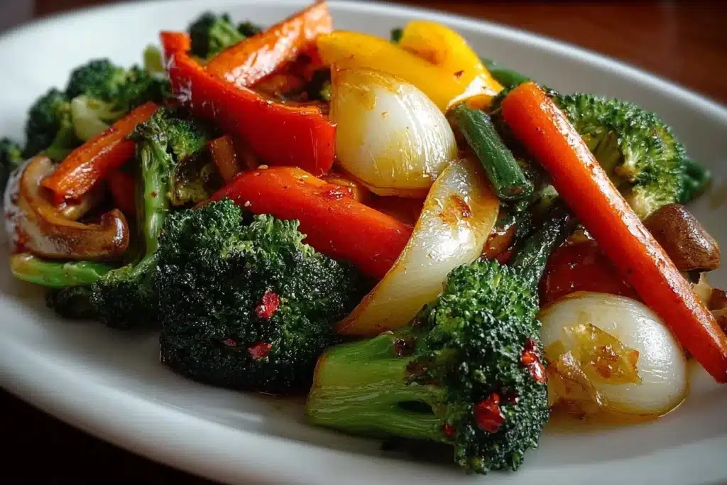 A colorful assortment of sautéed vegetables in a skillet, showcasing healthy cooking