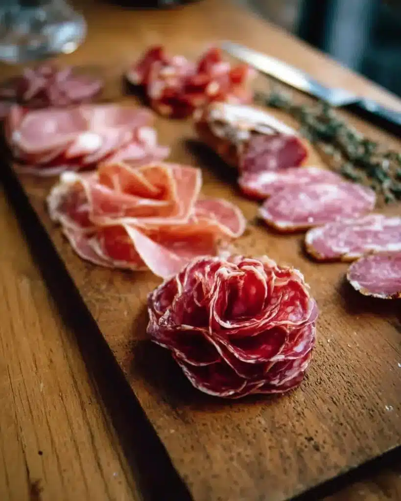 A selection of folded meats arranged on a charcuterie board.