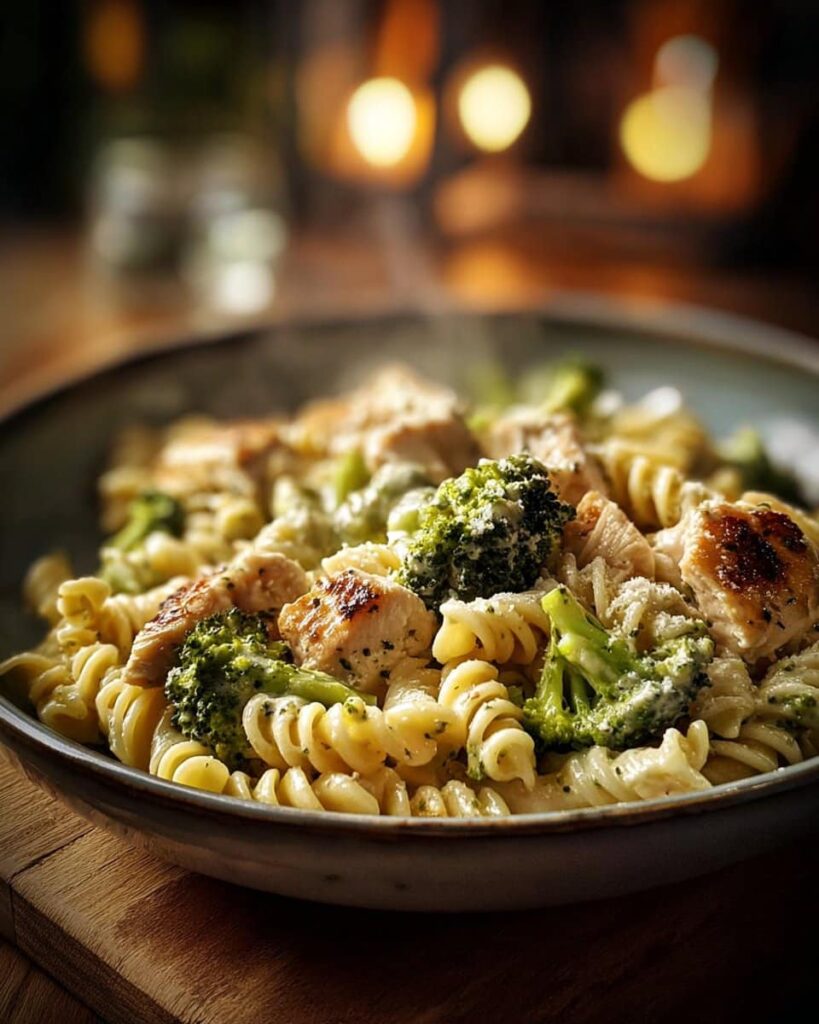 Creamy rotisserie chicken and broccoli pasta dish topped with herbs.