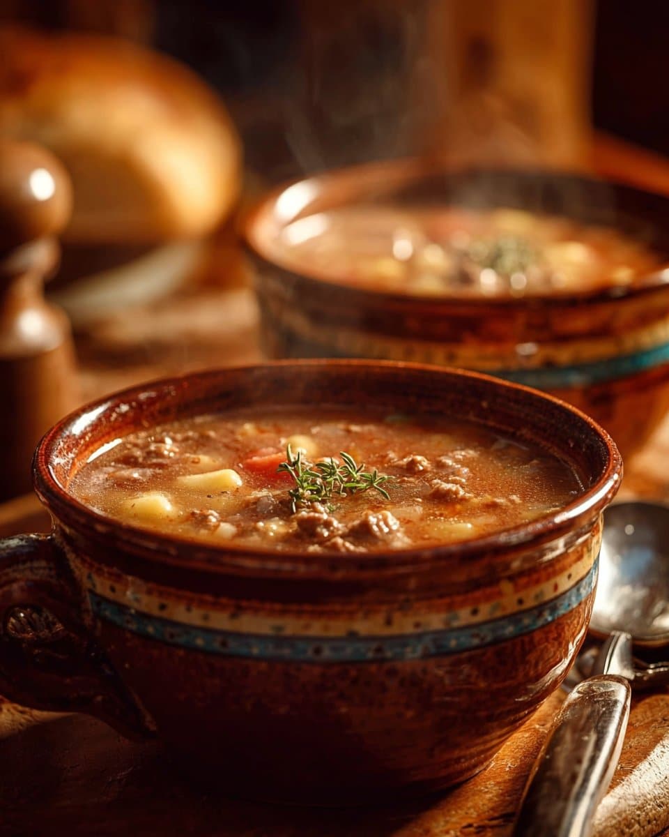 A bowl of hearty Cowboy Soup garnished with fresh herbs.