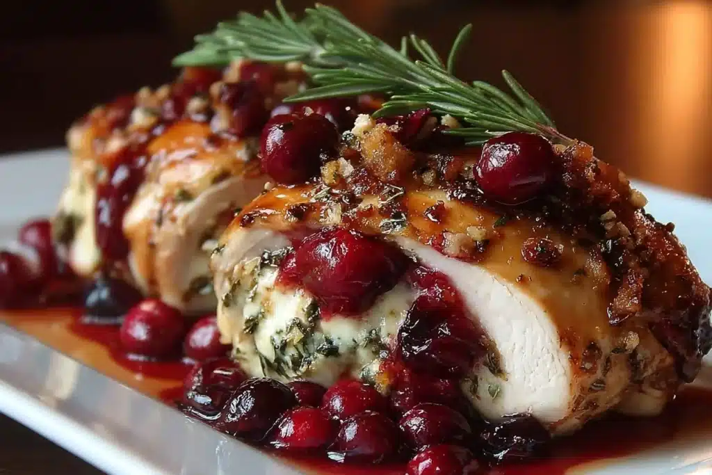 Cranberry Brie Stuffed Chicken on a plate garnished with herbs