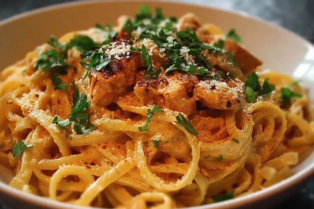 Delicious Cowboy Butter Chicken Linguine garnished with fresh herbs.