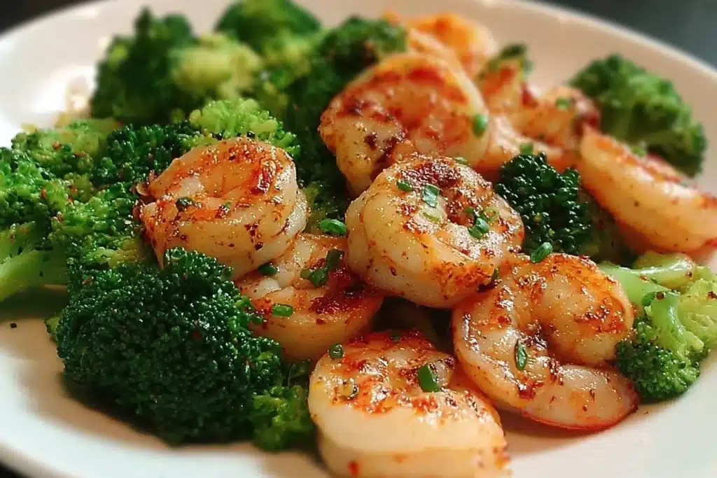 Low carb shrimp and broccoli dish served on a plate