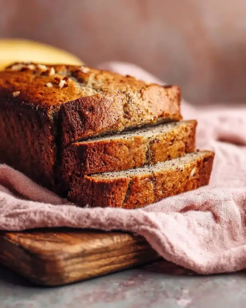 Paula Deen's banana nut bread freshly baked and served on a plate