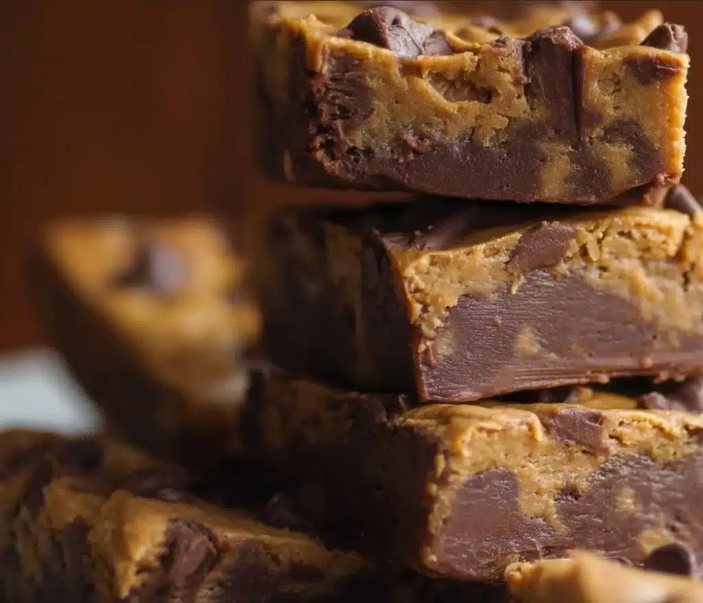 Delicious homemade peanut butter chocolate bars stacked on a plate.