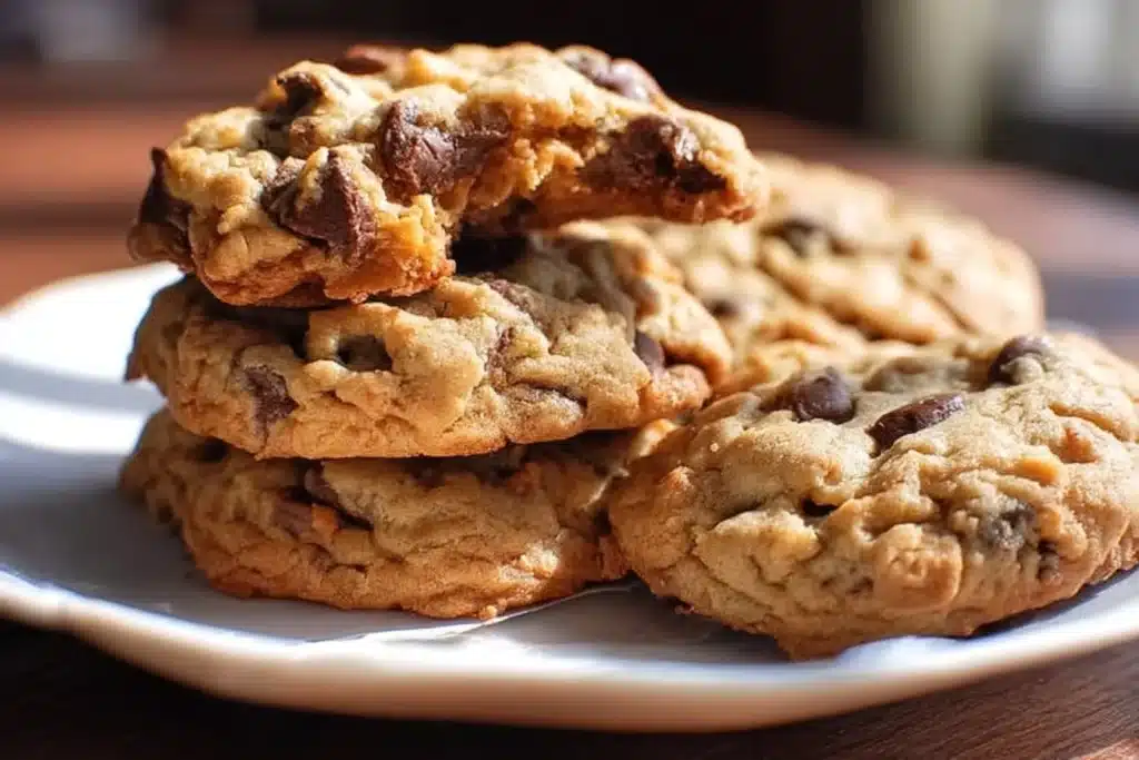 Peanut butter oatmeal chocolate chip cookies on a plate, freshly baked and delicious.