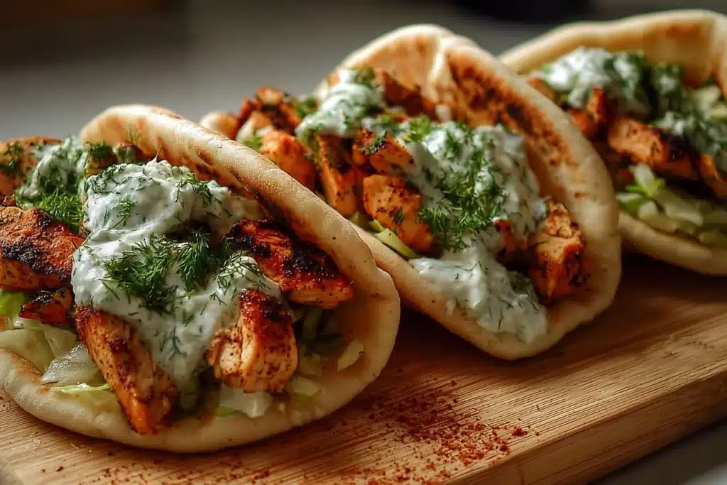 Sheet Pan Chicken Pitas with Herby Ranch served on a plate.