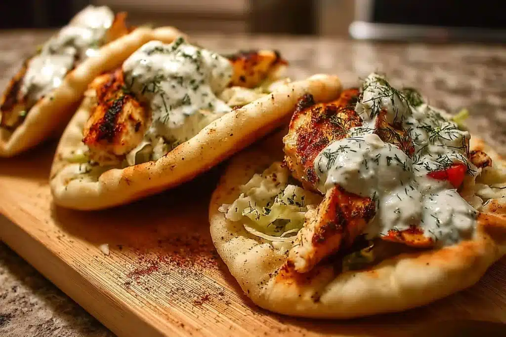 Sheet Pan Chicken Pitas served with Herby Ranch dressing on a plate