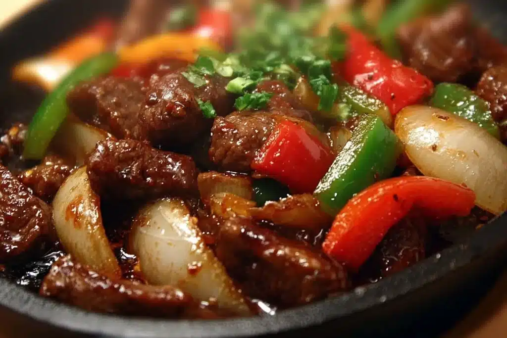 Delicious plate of sizzling Chinese pepper steak with onions