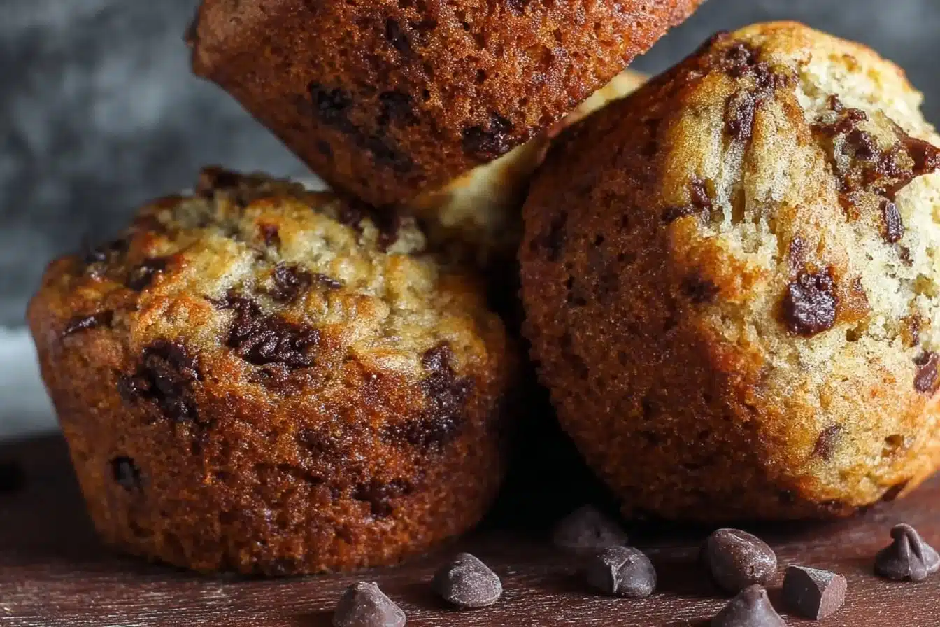 Deliciously soft and moist banana chocolate chip muffins fresh out of the oven