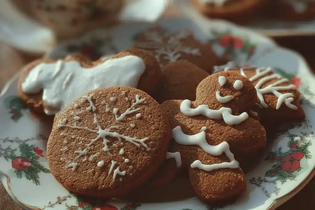 Batch of soft gingerbread cookies on a festive plate