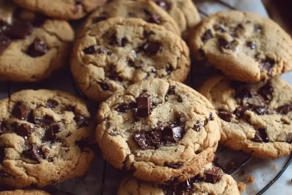 Plate of freshly baked sourdough chocolate chip cookies