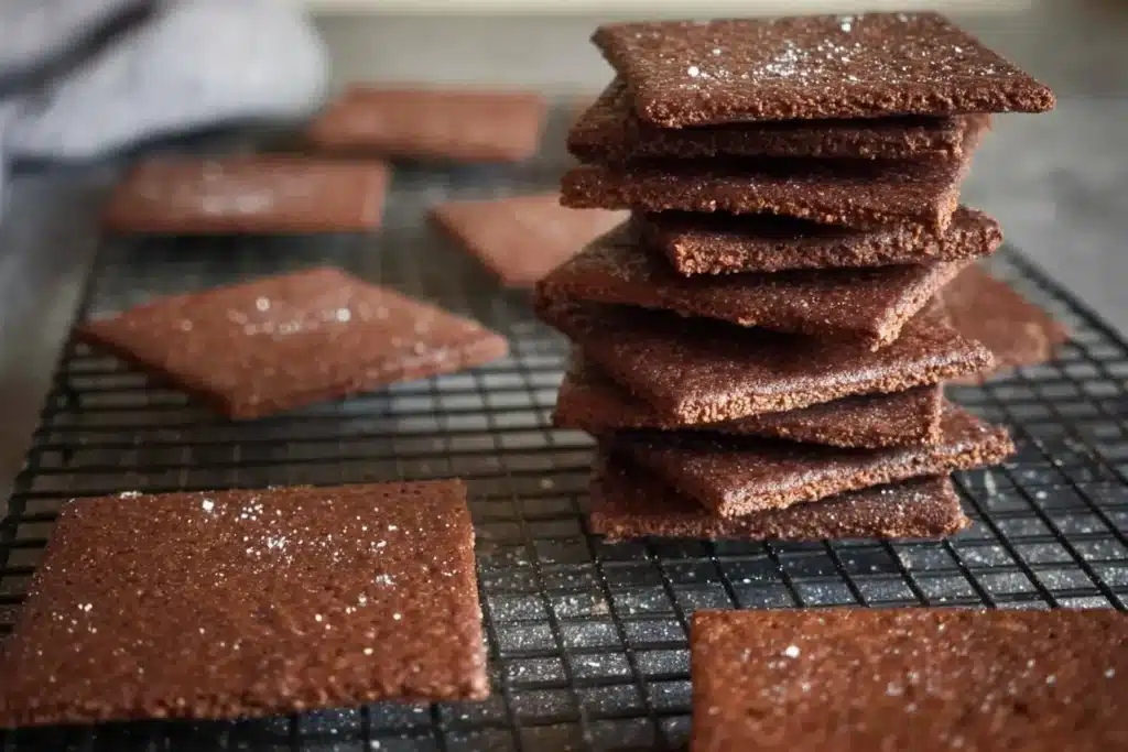 Homemade sourdough chocolate graham crackers on a plate