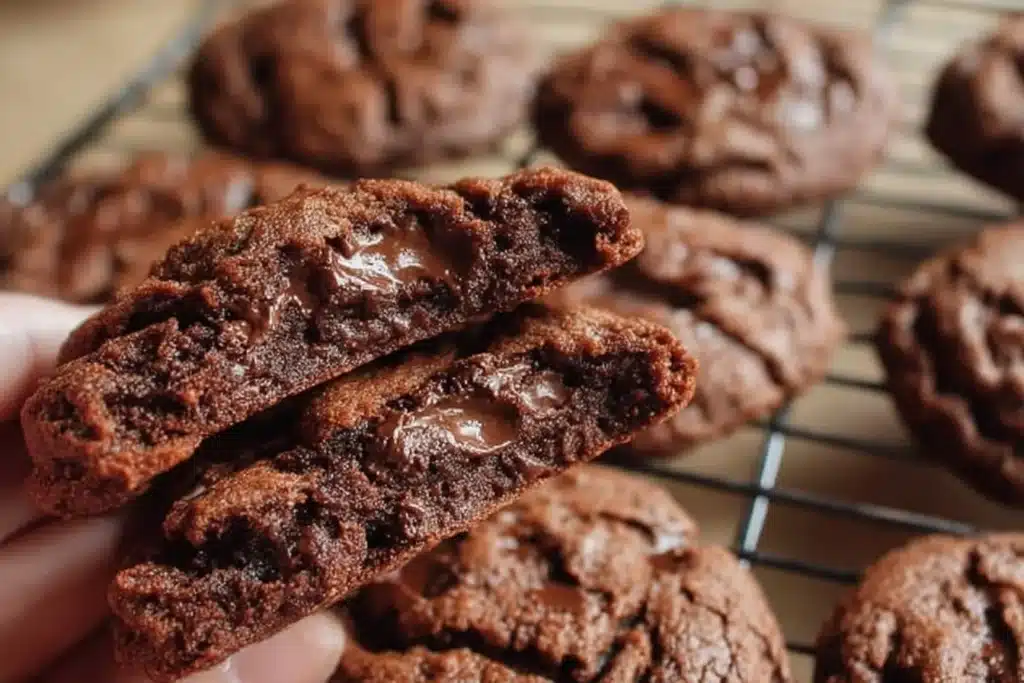 Sourdough double chocolate chip cookies on a cooling rack, rich and delicious.