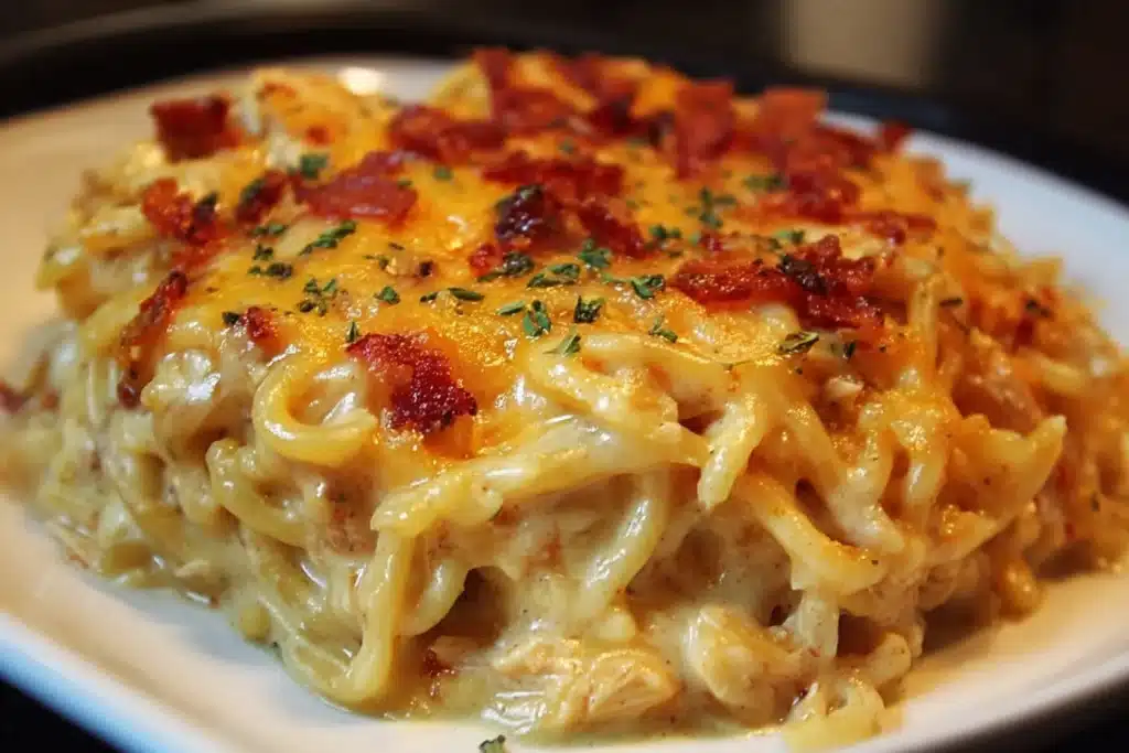 Spicy Southern Cheesy Chicken Spaghetti Casserole served in a baking dish