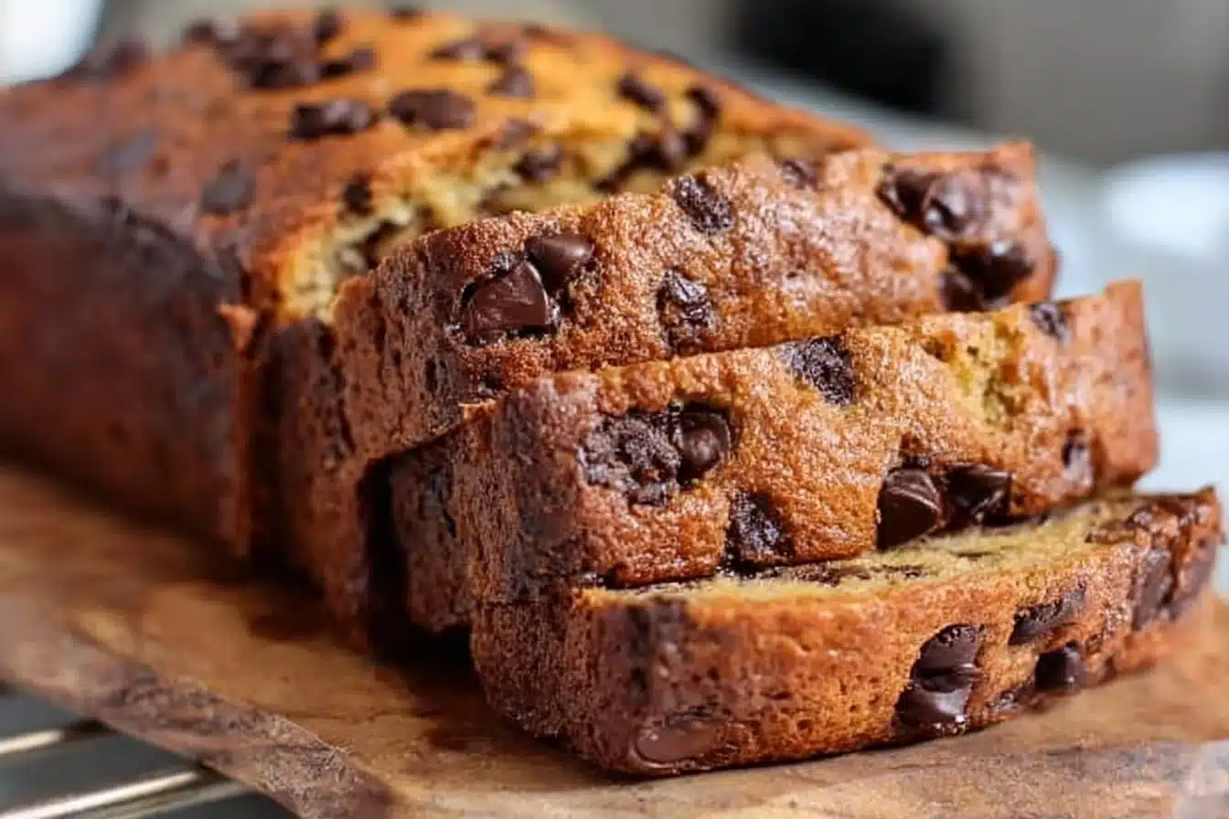 Super moist chocolate chip banana bread loaf with chocolate chips