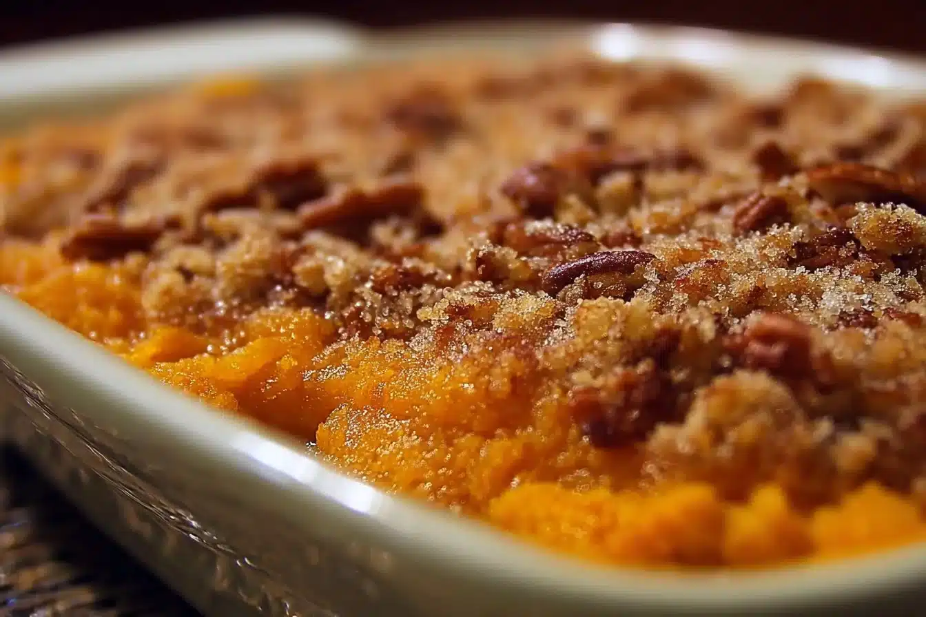 Delicious Sweet Potato Crunch Casserole topped with crunchy pecan and brown sugar
