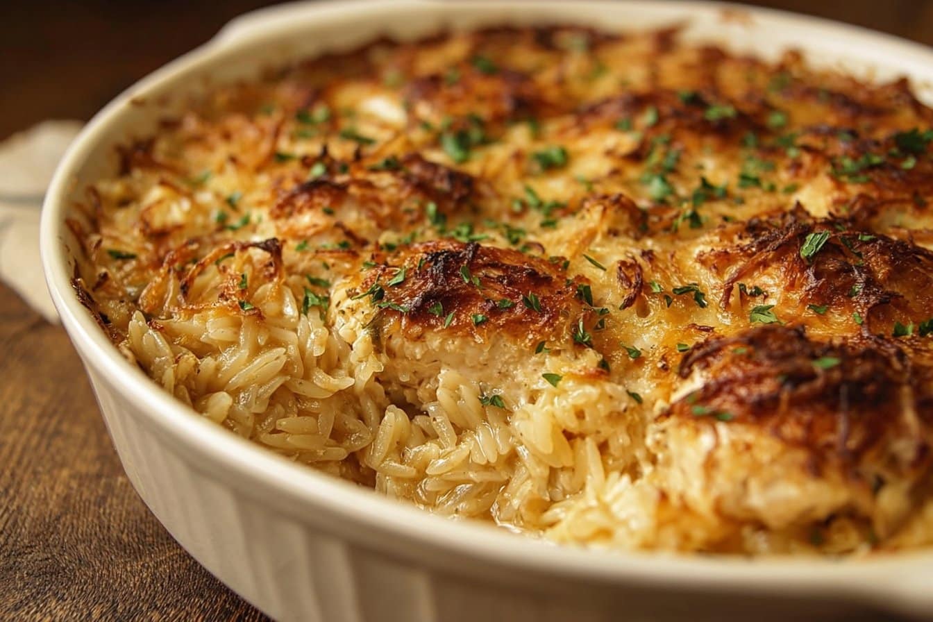 French Onion Chicken Orzo Casserole