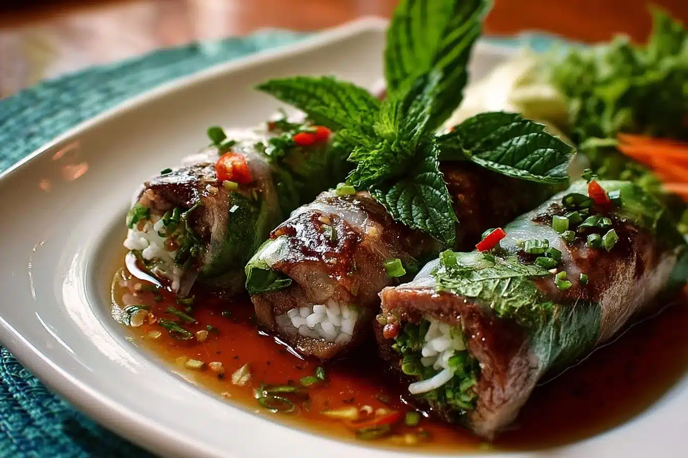 Thai Basil Beef Rolls with fresh basil and tender beef filling