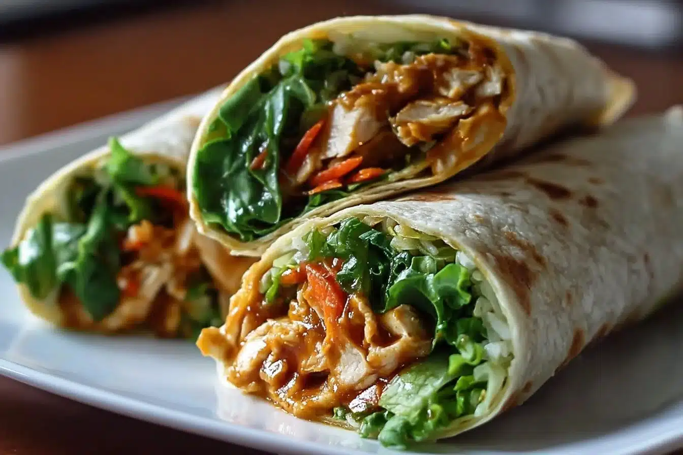Thai Peanut Chicken Wraps on a plate with colorful veggies and peanut sauce
