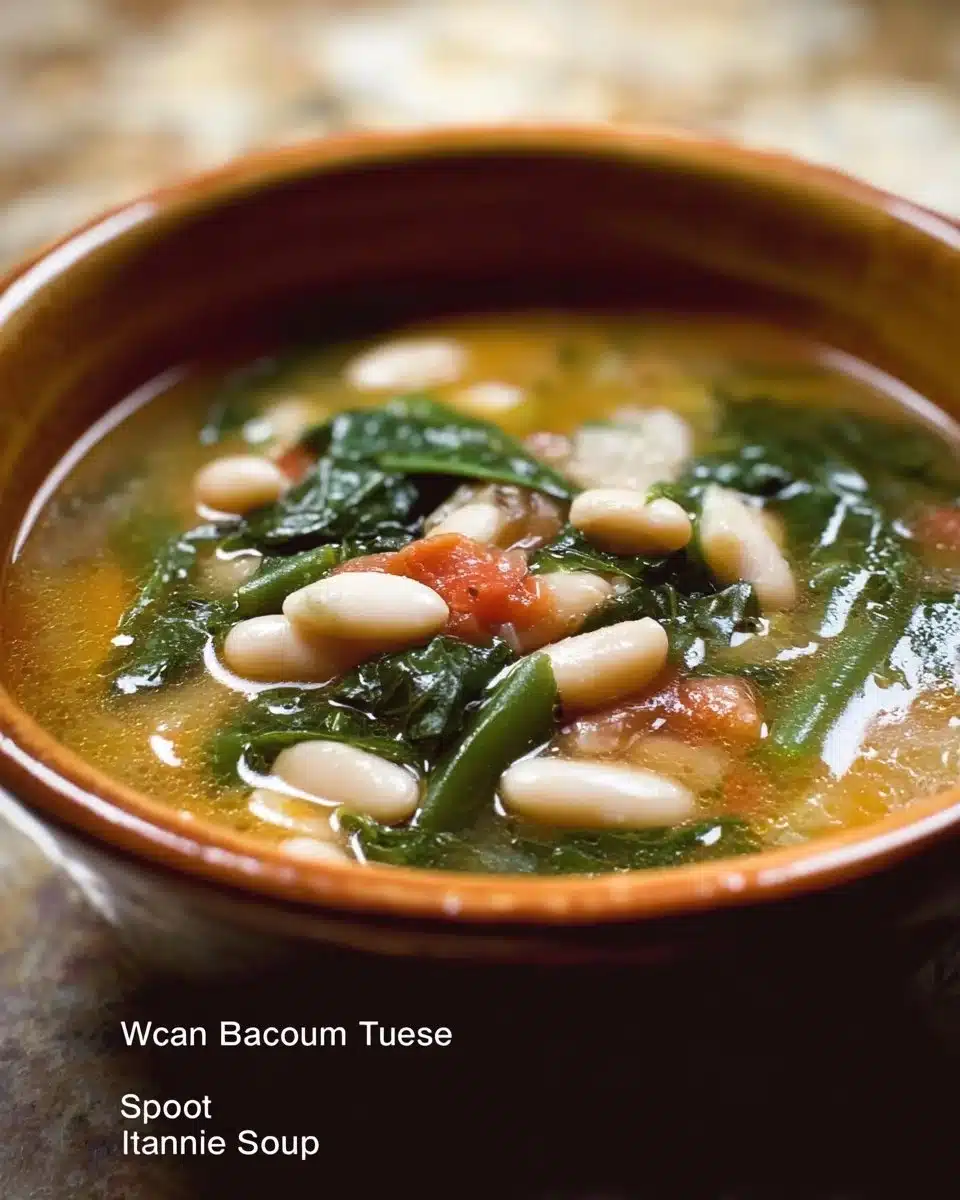 A bowl of Tuscan white bean soup garnished with herbs and olive oil.