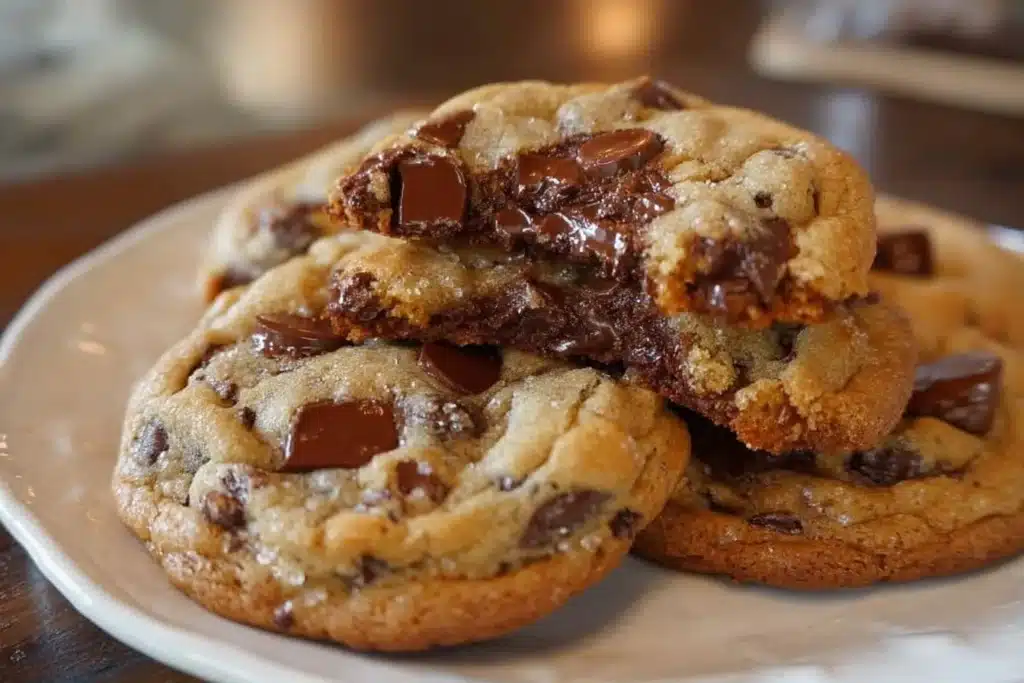 Ultra-thick bakery-style chocolate chip cookies on a wooden table