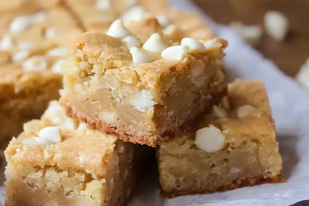 Delicious white chocolate blondies on a rustic wooden table