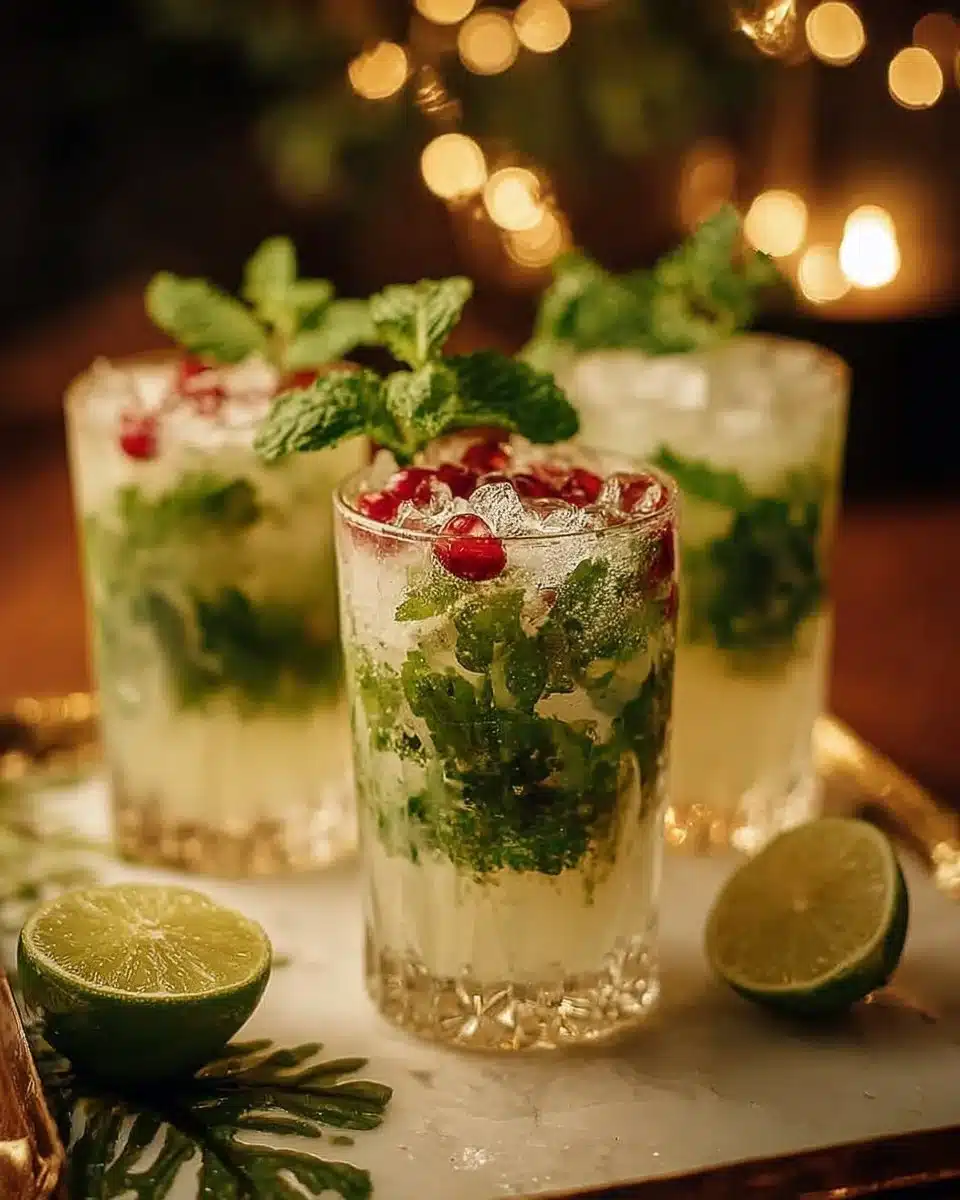 Refreshing White Christmas Mojitos cocktail with mint and cranberries.