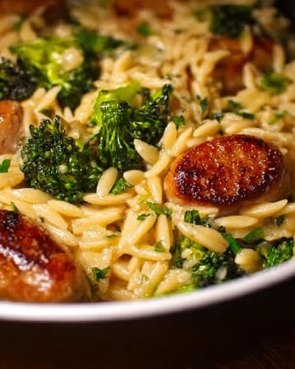 One-Pan Creamy Orzo with Chicken Sausage and Broccoli