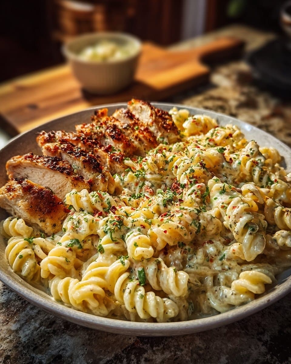 Garlic Parmesan Chicken Twisted Pasta in Creamy Alfredo