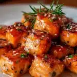 Air Fryer Honey Garlic Salmon Bites served with garnish