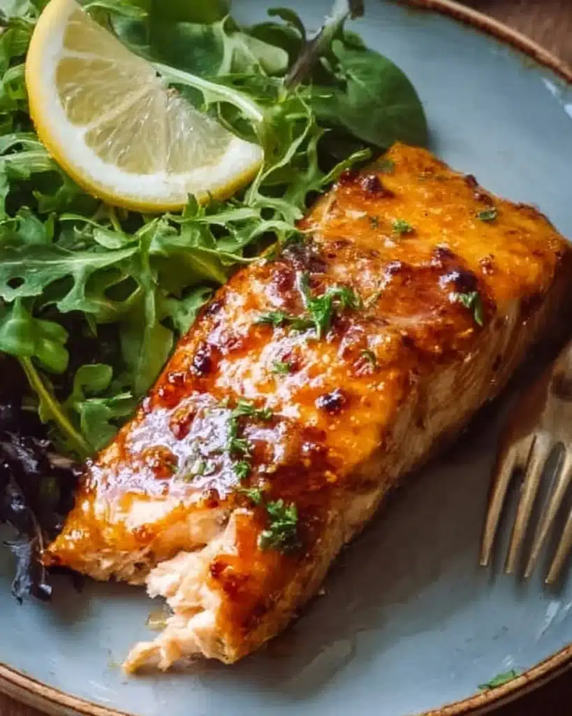 Air Fryer Honey Mustard Salmon served with vegetables on a plate