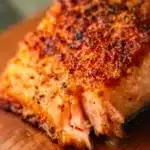 Air fryer salmon dish served on a plate with herbs and lemon garnish