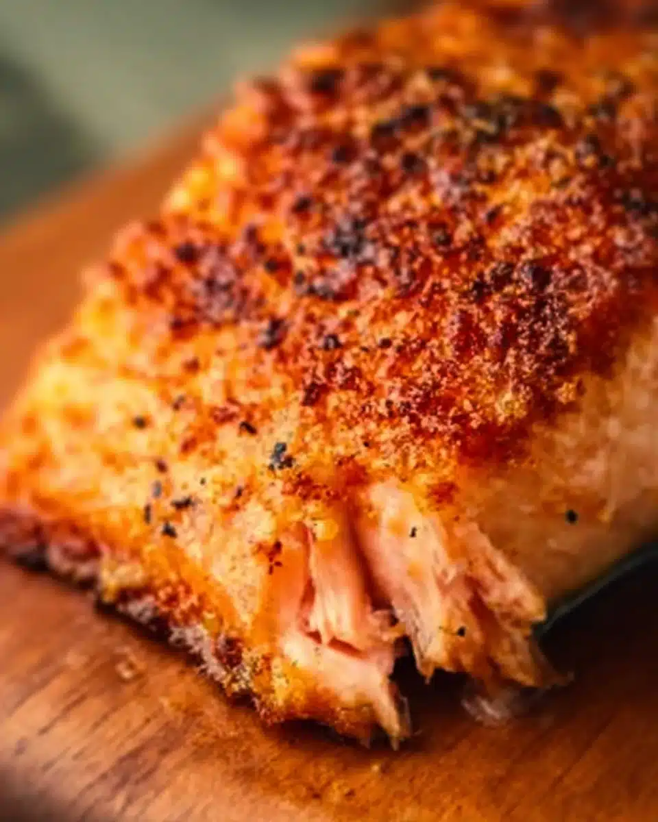 Air fryer salmon dish served on a plate with herbs and lemon garnish