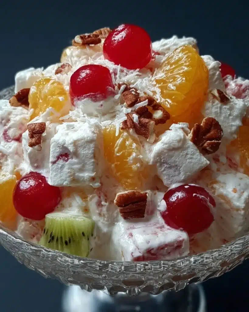 Colorful Ambrosia Salad with fruits and marshmallows served in a bowl