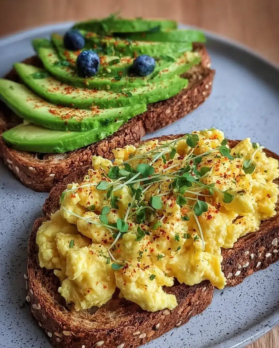 Avocado and scrambled egg toast on a plate, garnished with herbs.