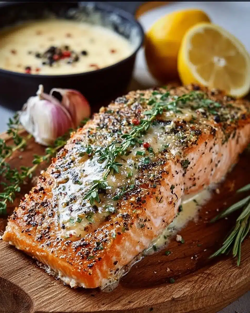 Delicious Baked Boursin Salmon topped with creamy cheese, served on a plate