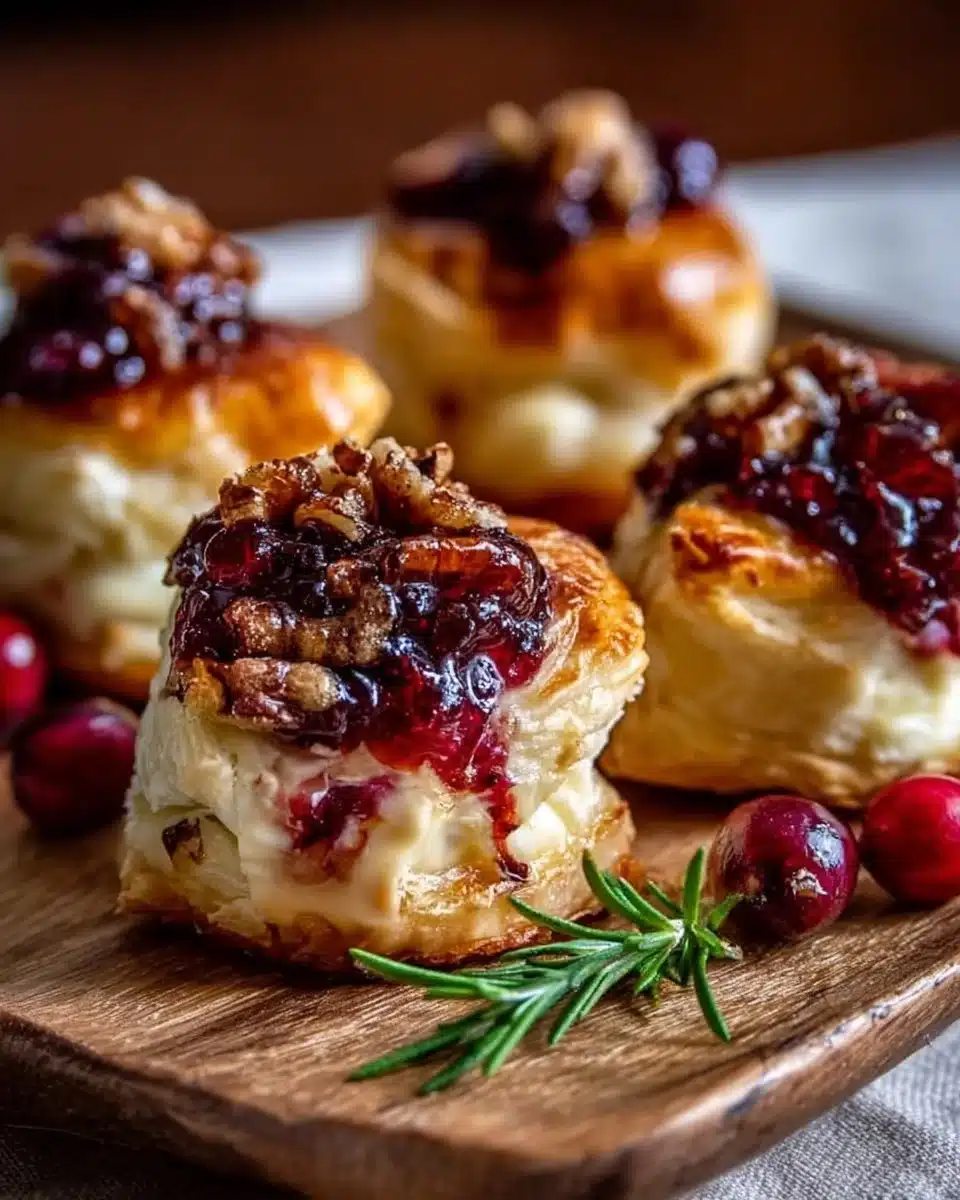Baked Cranberry Brie Bites topped with fresh cranberries and herbs
