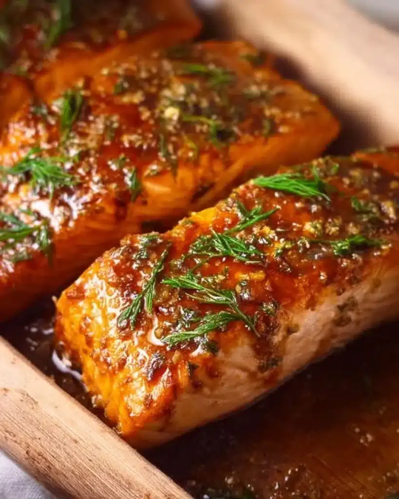 Baked salmon fillet garnished with herbs and lemon, served on a plate.