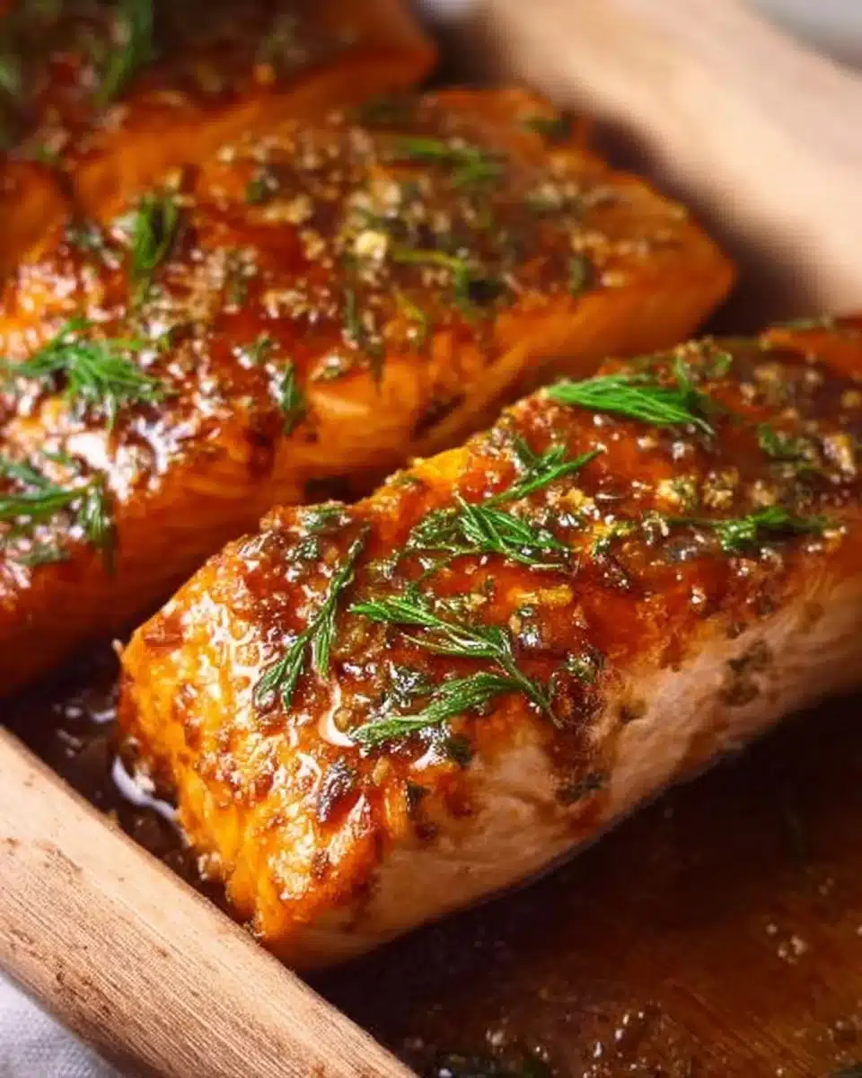Baked salmon fillet garnished with herbs and lemon, served on a plate.