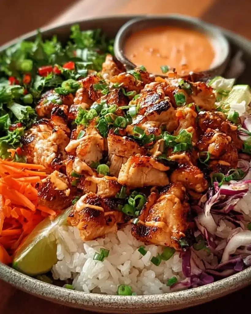 Delicious Bang Bang Chicken Bowl with crispy chicken and fresh veggies