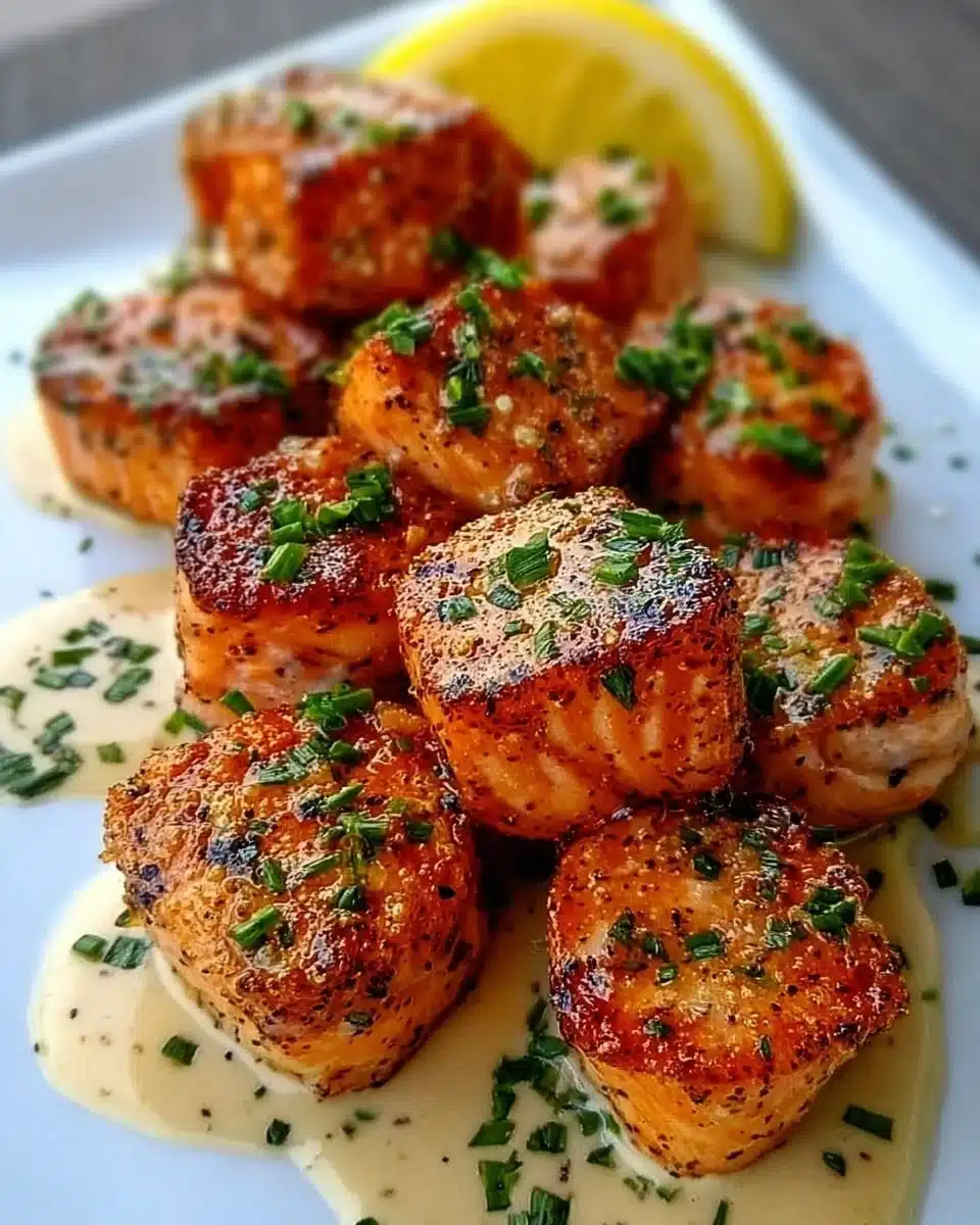 Bang Bang Salmon Bites served in a bowl, garnished with sauce and herbs
