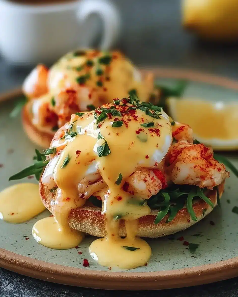 Bay Lobster Eggs Benedict topped with Cajun Hollandaise sauce on a plate