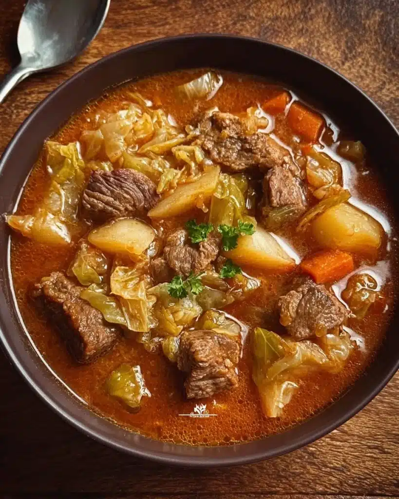Delicious bowl of Beef Cabbage Stew with tender beef and fresh cabbage