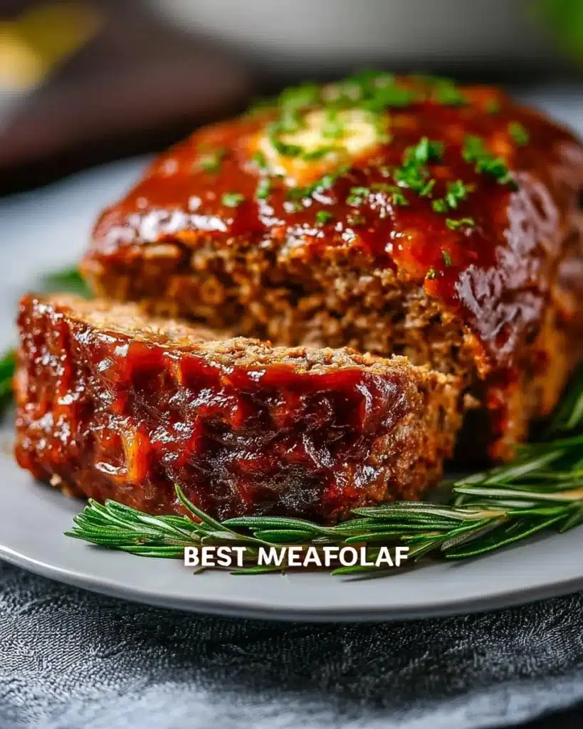 Deliciously juicy meatloaf recipe served with mashed potatoes and green beans.