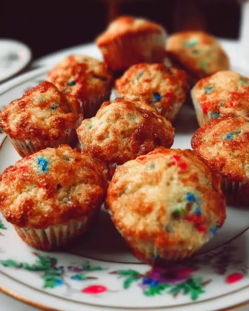 A plate of colorful birthday cake mini muffins decorated with sprinkles.