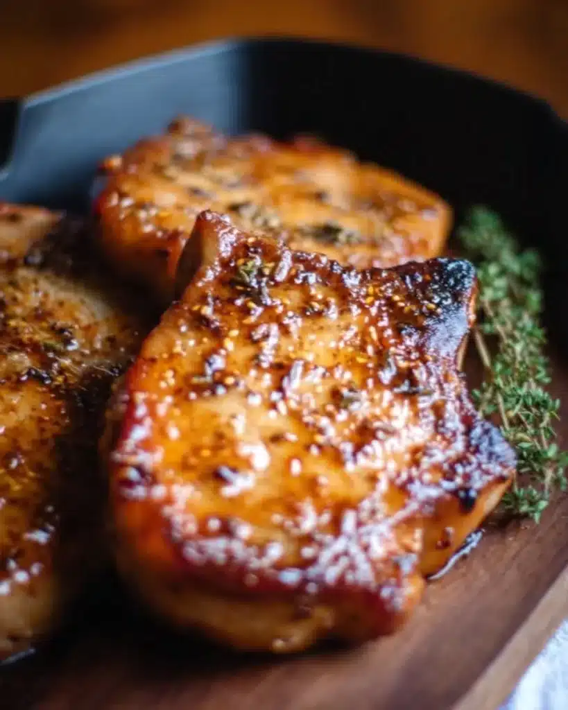 Delicious brown sugar garlic pork chops served with herbs