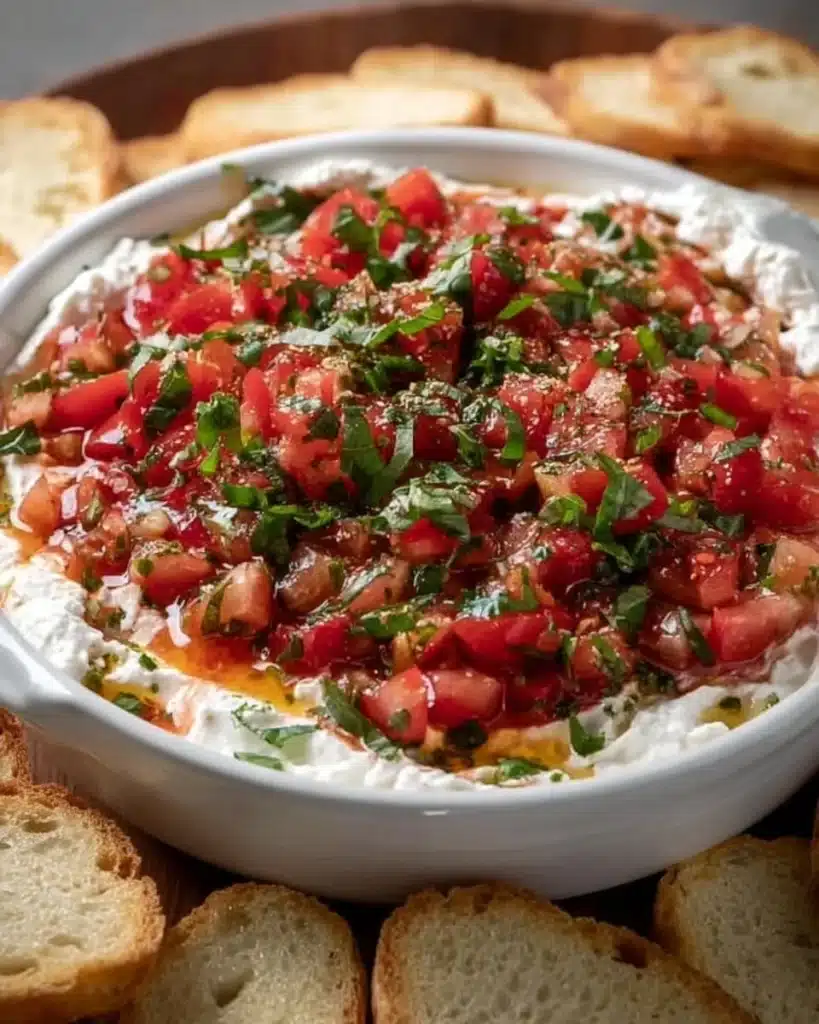 Colorful bruschetta dip served in a bowl, ready for dipping with fresh bread.
