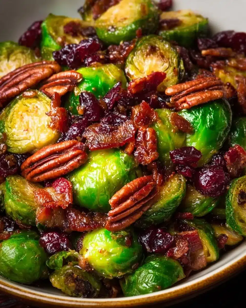 Brussels sprouts with bacon, pecans, and cranberries beautifully plated